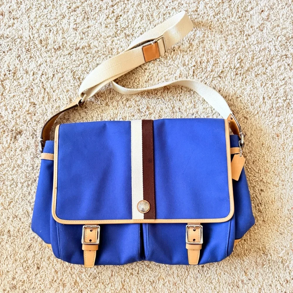 Vintage Coach Voyager Blue Canvas Messenger Bag Stripe